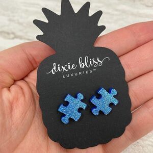 Dixie Bliss Autism Awareness Puzzle Piece Glitter Earrings Blue Hypoallergenic